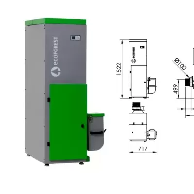 Equipamento de aquecimento cinza e verde com logótipo e dimensões técnicas.