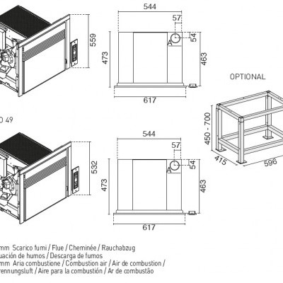 Esquema técnico em preto e branco de máquina CERINO 49 com dimensões e etiquetas multilíngues