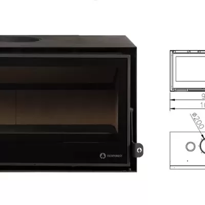 Lareira a lenha preta com porta de vidro e desenho técnico com medidas