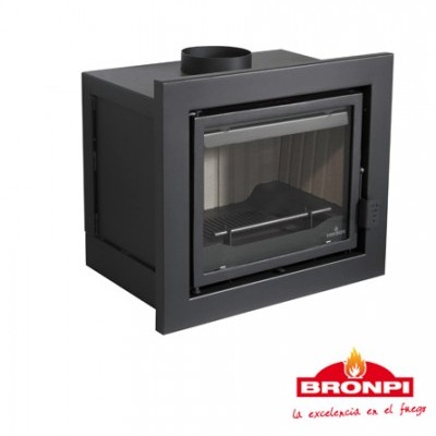 Lareira metálica preta com porta de vidro, marca Bronpi