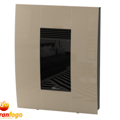 Aparelho de aquecimento a pellets bege com painel frontal preto e logo ABRANFOGO