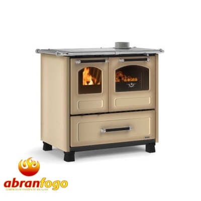 Fogão a lenha Abranfogo bege com forno a lenha com visor em vidro e logo Abranfogo