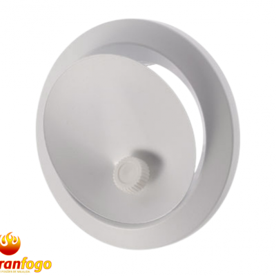 Dispositivo redondo branco em plástico com peça central rosqueada e logótipo abranfogo no fundo