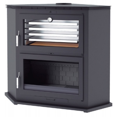 Fogão em aço preto com duas portas de vidro e termómetro