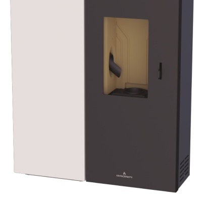 Aquecedor de biomassa preto e branco com visor digital e janela de visualização