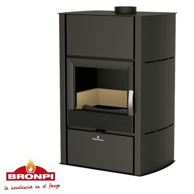 Lareira ou salamandra preta com porta de vidro e interior branco