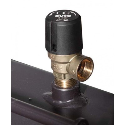 Válvula de segurança metálica com tampa preta e inscrições CE, NYCO, 20-30V montada numa base preta