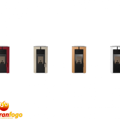 Quatro lareiras verticais modernas em várias cores com frentes pretas e vidro numa linha