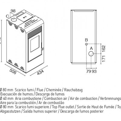 Desenho técnico de fogão com dimensões e bocais para evacuação de fumos