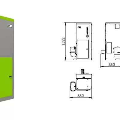 Equipamento ECOFOREST verde e cinza com esquema técnico ao lado.