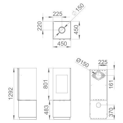 Desenho técnico de um produto retangular com dimensões em milímetros e círculo de diâmetro 150 mm.