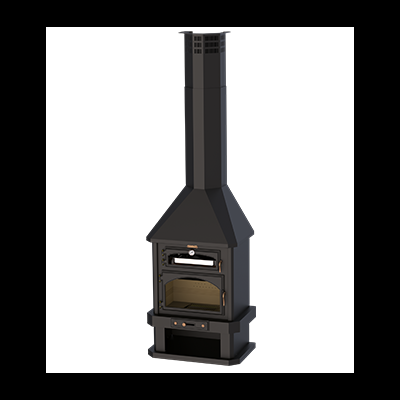 Lareira metálica preta com vidro frontal e chaminé alta