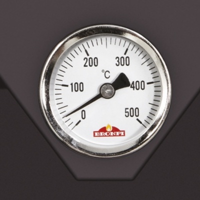 Termómetro redondo metálico com escala em ºC de 0 a 500 e logótipo BRONPI