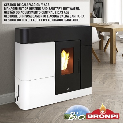 Estufa moderna preta e branca com chama visível