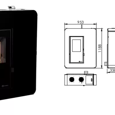 Aparelho de aquecimento preto com porta de vidro e esquemas técnicos
