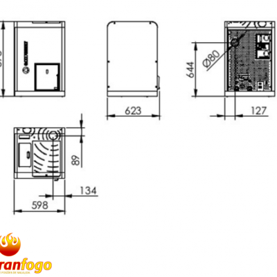 Desenho técnico de aparelho com várias vistas e dimensões