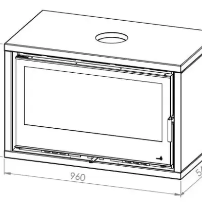 Desenho técnico de lareira com porta de vidro e dimensões