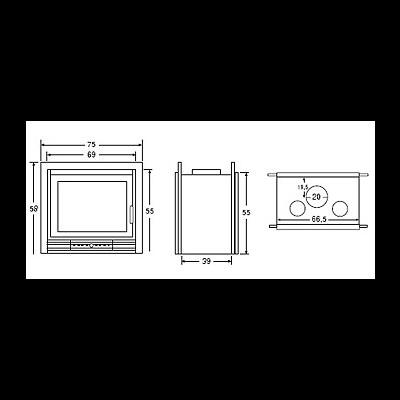 Desenho técnico de aparelho rectângular com medidas em centímetros, vista frontal, lateral e superior.