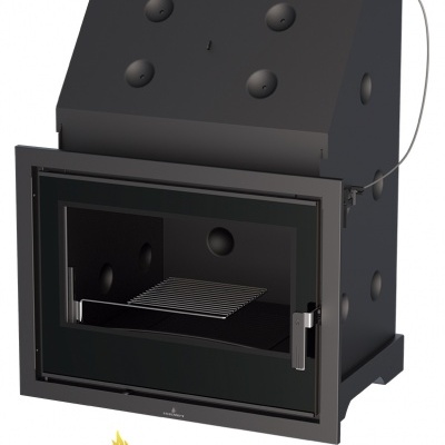 Lareira preta com porta de vidro e logo BRONPI