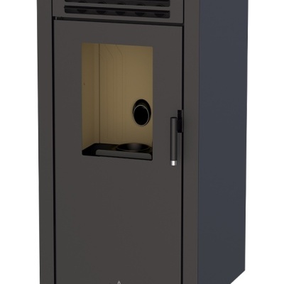 Estufa preta de pellet com vidro e painel digital com logotipo Bio BRONPI