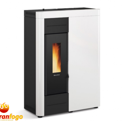 Aparelho de aquecimento branco e preto com chama visível e logótipo abranfogo