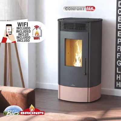 Estufa a pellets cinza escuro com base rosa claro e janela de vidro mostrando chama interior