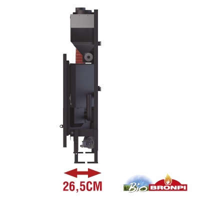 Chaminé preta de metal com porta aberta e ventilador, dimensão 26,5 cm, logótipo Bio Bronpi