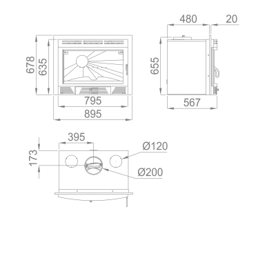 Desenho técnico de recuperador de calor com dimensões e vista frontal, lateral e superior