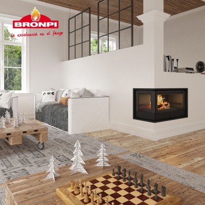 Lareira moderna de canto com vidro e estrutura preta na sala com chão de madeira e sofá branco