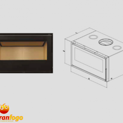 lareira embutida preta com interior bege e desenho técnico ao lado