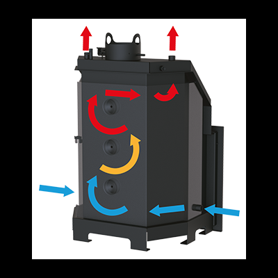 Equipamento industrial preto com setas coloridas a indicar fluxo de ar