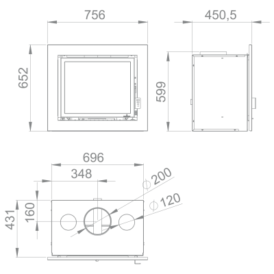 Desenho técnico a preto e branco de aparelho com medidas e círculos marcados