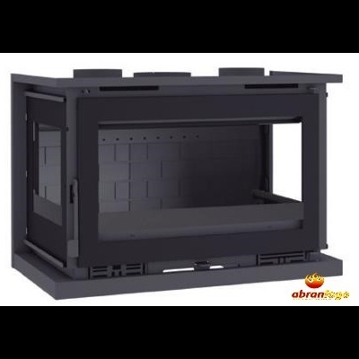 Insert de lareira em metal preto com vidro frontal e laterais, com padrão de tijolos no fundo