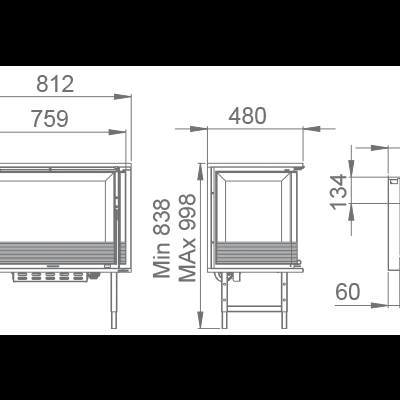 Desenho técnico de um forno com medidas em milímetros