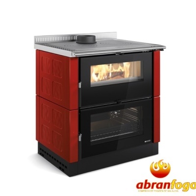 Fogão a lenha vermelho e preto com forno e visor de vidro, logotipo abranfogo