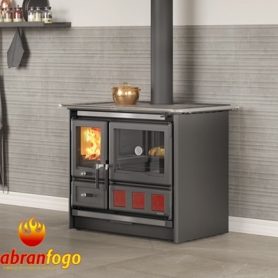 Fogão a lenha cinza escuro com porta de vidro e forno