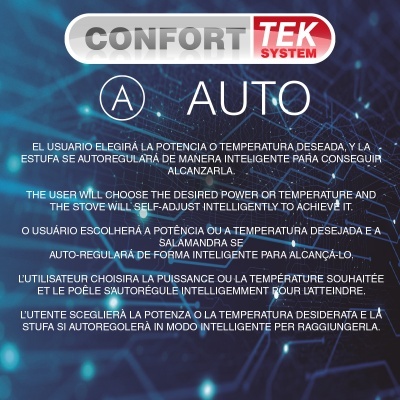 Logótipo CONFORT TEK SYSTEM e texto explicativo em várias línguas sobre controlo automático de potência e temperatura.