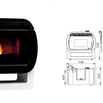 Estufa a pellets preta e branca com fogo visível e esquemas técnicos ao lado