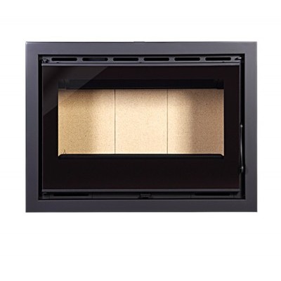 Inserto de lareira metálico preto com vidro frontal e interior amarelo claro