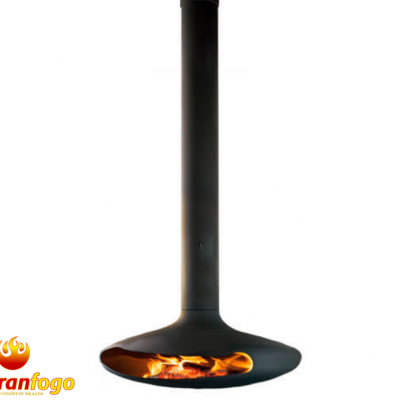 Lareira suspensa preta com fogo e logotipo abranfogo