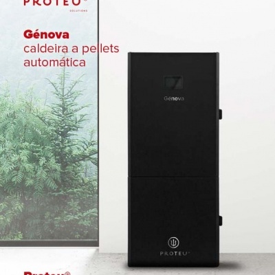 Caldeira preta automática a pellets 'Génova' da Proteu junto a janela com arbusto verde