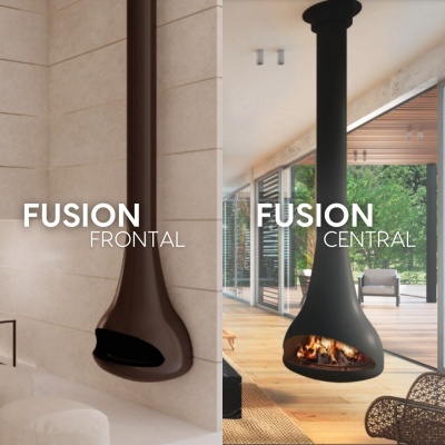 Duas lareiras suspensas FUSION, castanha e preta, em ambientes interiores diferentes.