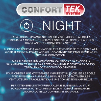 Imagem publicitária para aquecedor CONFORT TEK SYSTEM NIGHT com texto explicativo multilingue