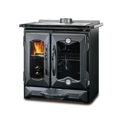 Fogão a lenha preto com portas de vidro e indicador de temperatura