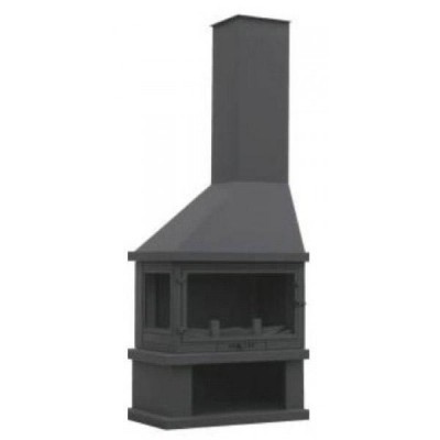 Lareira metálica preta com porta de vidro e chaminé