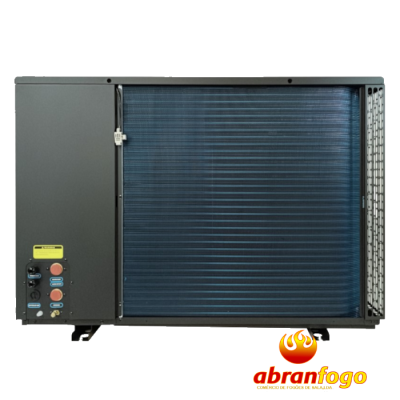 Unidade de condensação para ar condicionado preta com aletas azuis e painel lateral com botões