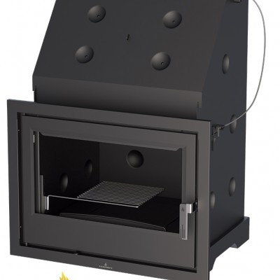 Lareira de metal preta com porta de vidro e logótipo BRONPI