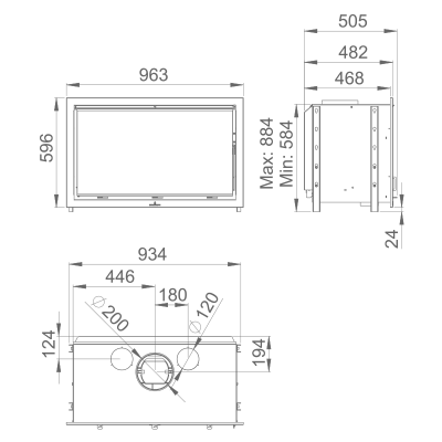 Desenho técnico com medidas de equipamento retangular em várias vistas.