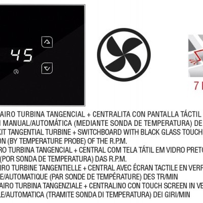 Painel tátil preto com ecrã digital e texto descritivo sobre kit de turbina tangencial