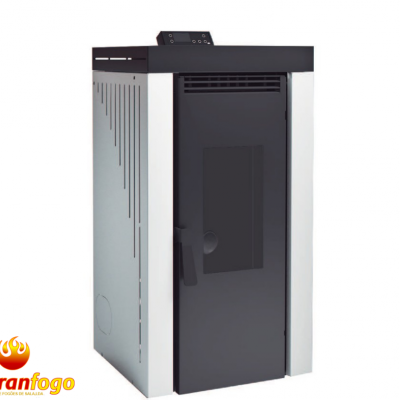 Caldeira de metal cinza claro e preto com porta frontal e logotipo abranfogo